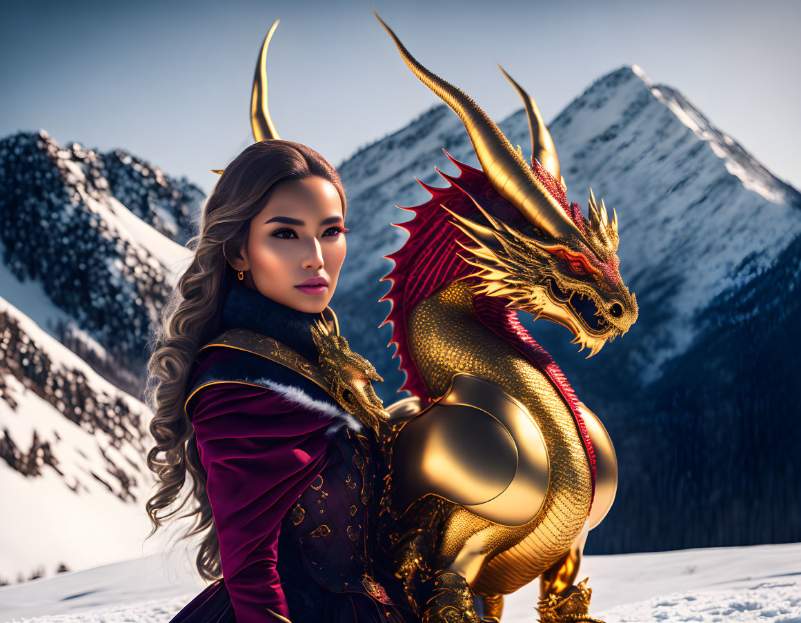 Regal woman with golden dragon in snowy mountain backdrop