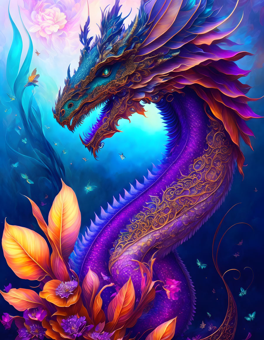 Majestic blue and purple dragon with gold details in a vibrant digital illustration