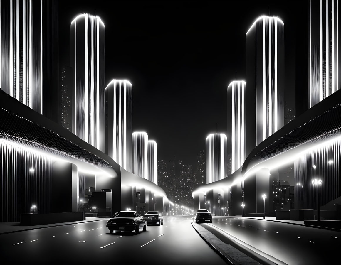 Futuristic cityscape at night with illuminated skyscrapers and glowing lights