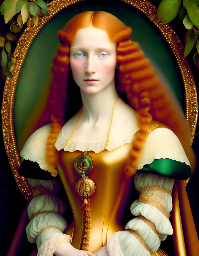 Renaissance-style portrait of woman with blue eyes, red hair, gold dress, and green cloak