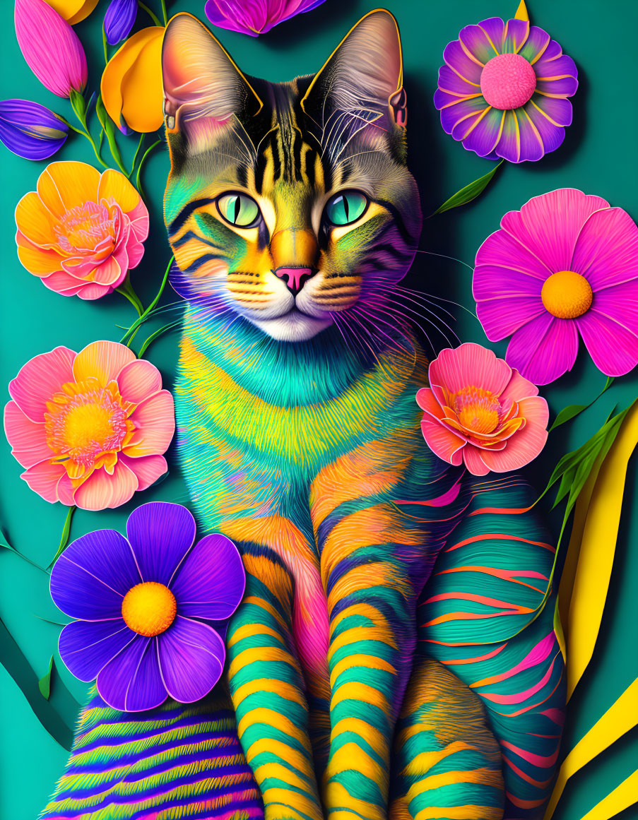 Colorful Digital Art: Rainbow Striped Cat Surrounded by Vibrant Flowers on Teal