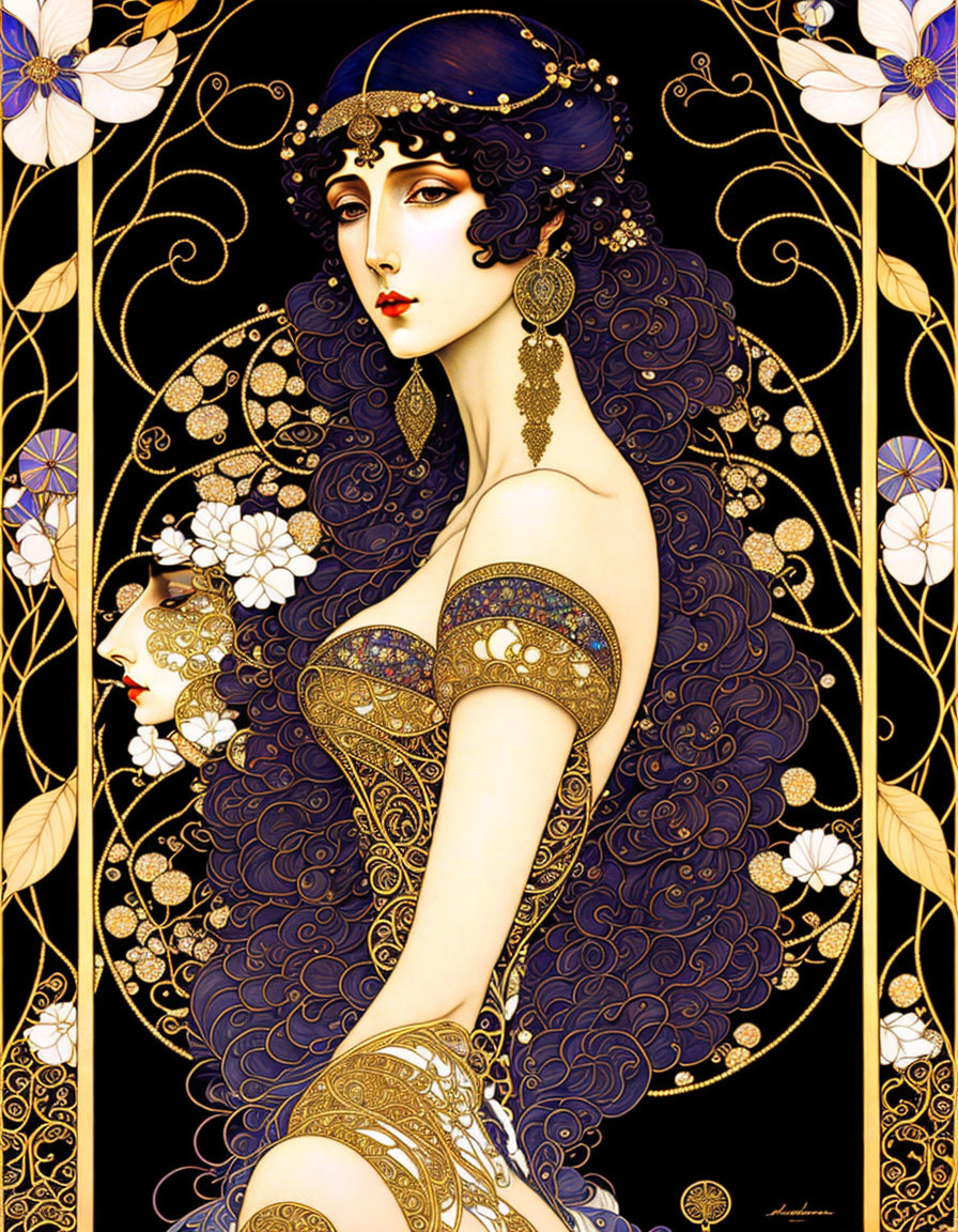 Art Nouveau Woman Illustration with Dark Hair and Gold Adornments