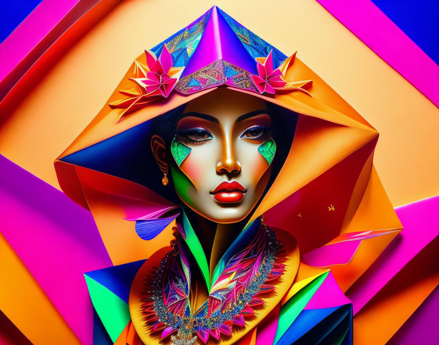 Colorful portrait of a woman with geometric patterns and origami-inspired headdress.