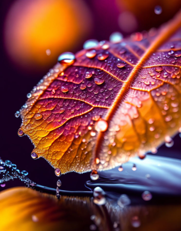 Close-Up Image: Dew-Covered Leaf with Water Droplets in Autumnal Hues