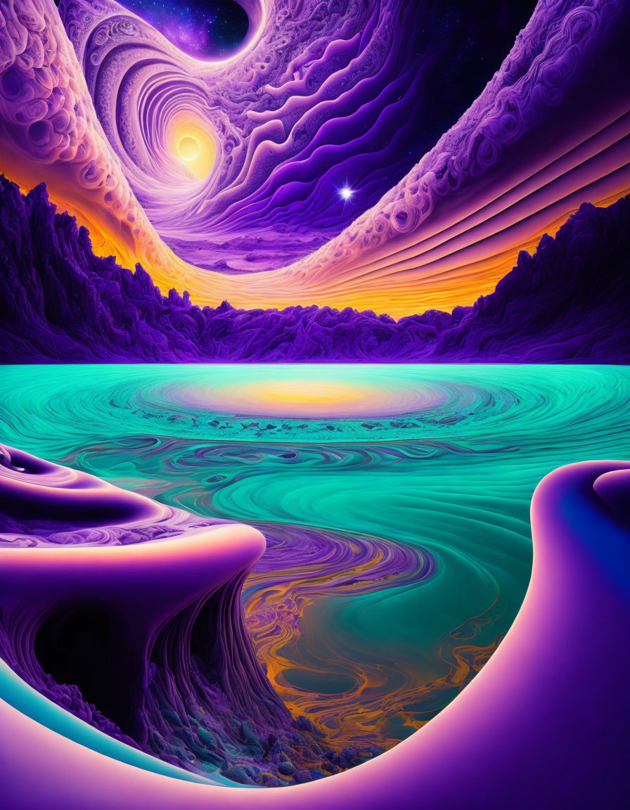 Colorful Psychedelic Digital Artwork of Surreal Landscape & Galaxy