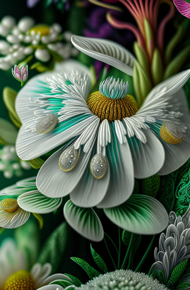 Detailed Digital Image: White Daisy with Water Droplets & Colorful Plant Designs