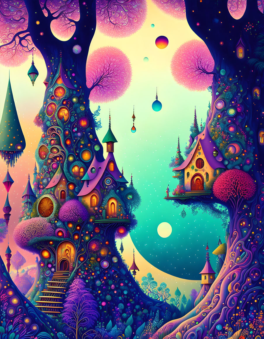 Fantastical landscape with whimsical trees and colorful houses