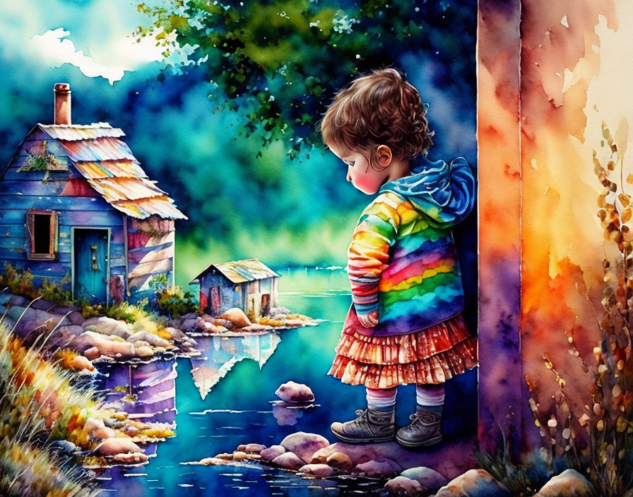 Child in Rainbow Sweater by Serene Lake and Cozy Cottage