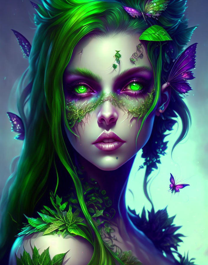 Vibrant fantasy art: female figure with green hair, purple eyes, adorned with leaves and butterflies