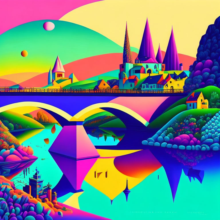 Colorful surreal landscape with castle, houses, bridge, and rolling hills under multi-colored sky