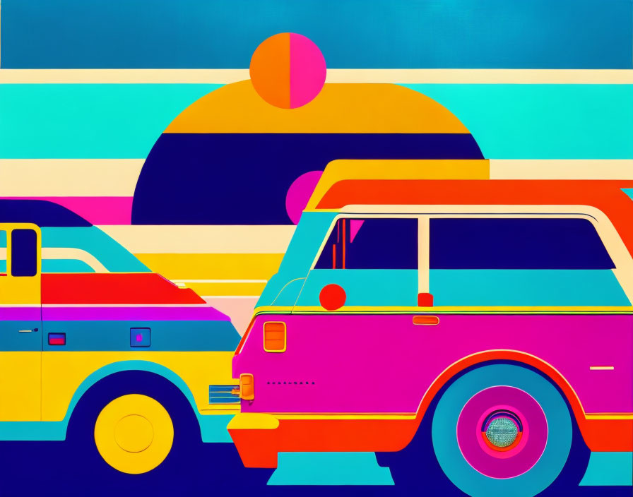 Colorful Vintage Car Artwork with Bold Striped Background