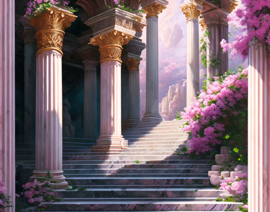 Illustration of grand staircase with pink vines and columns leading to luminous landscape