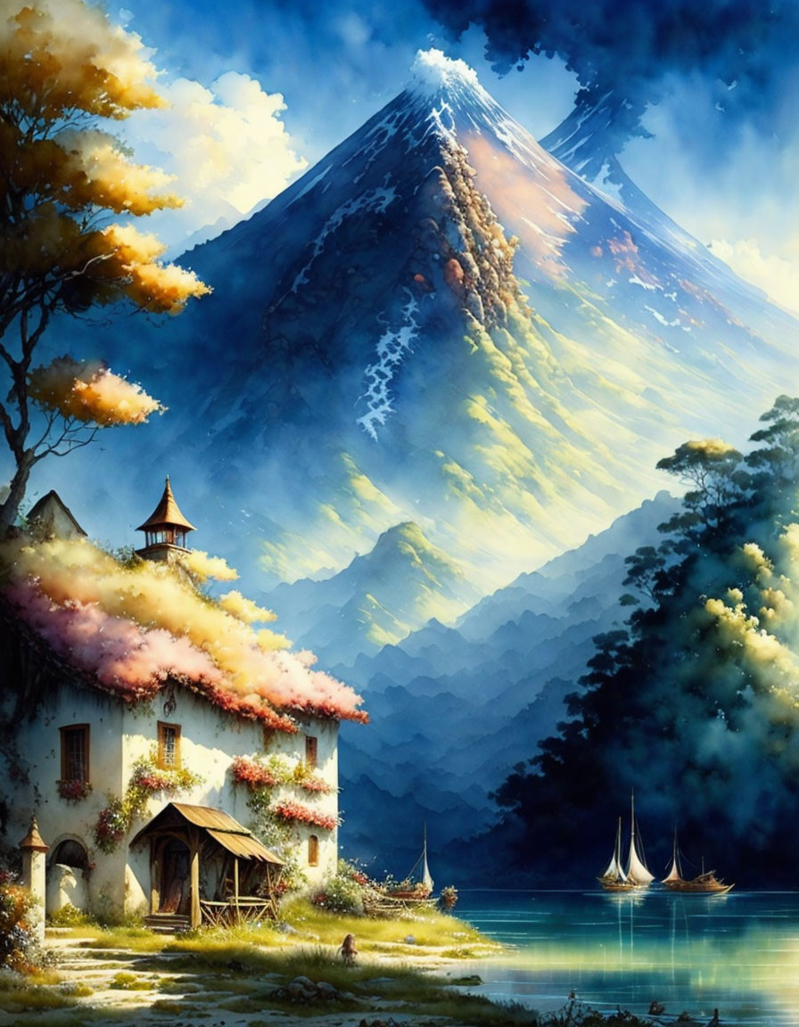 Snow-capped mountain, tranquil lake, quaint house, sailboats, autumn trees - picturesque scene.