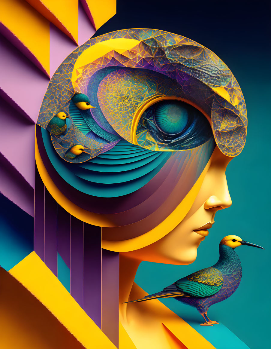 Vibrant digital artwork: stylized profile with bird design on head and perched bird on shoulder