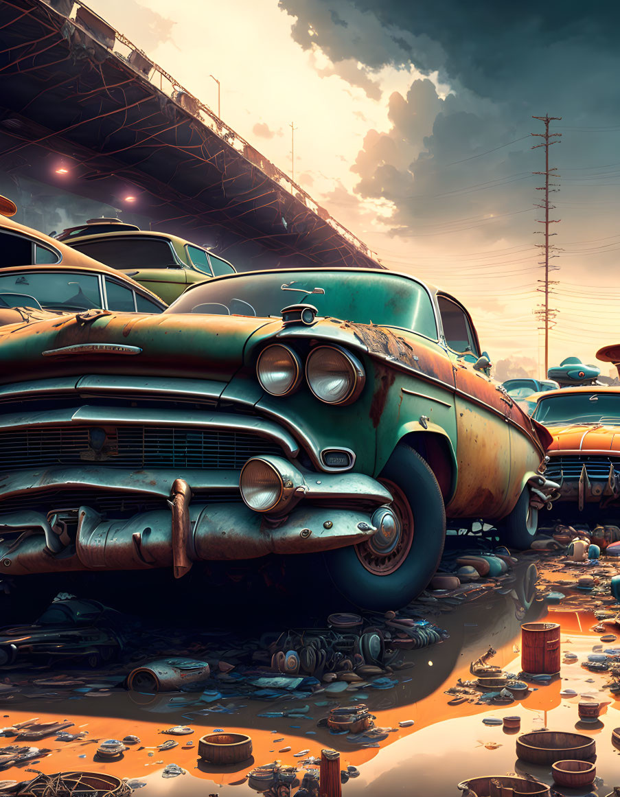 Rusted Cars in Junkyard at Sunset: Post-Apocalyptic Scene