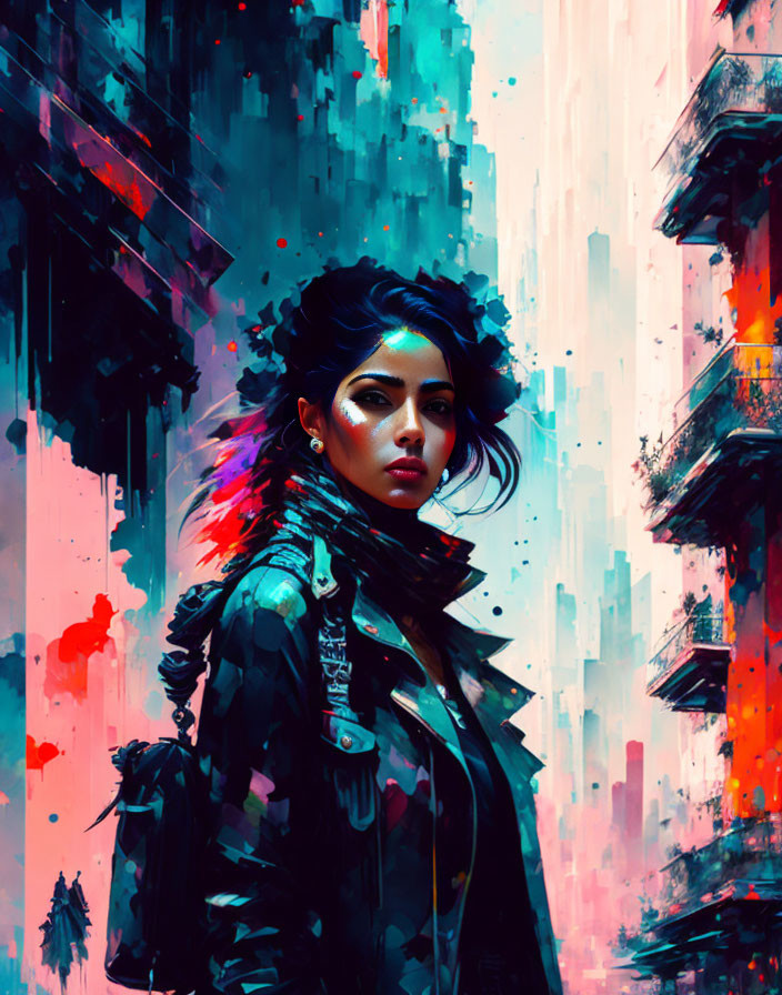 Vibrant stylized portrait of a woman with intense gaze against futuristic cityscape