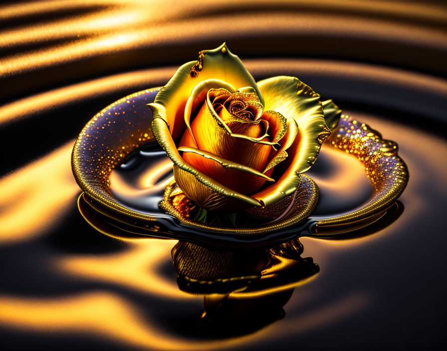 Detailed Golden Rose Artwork in Rippling Golden Liquid under Warm Lighting