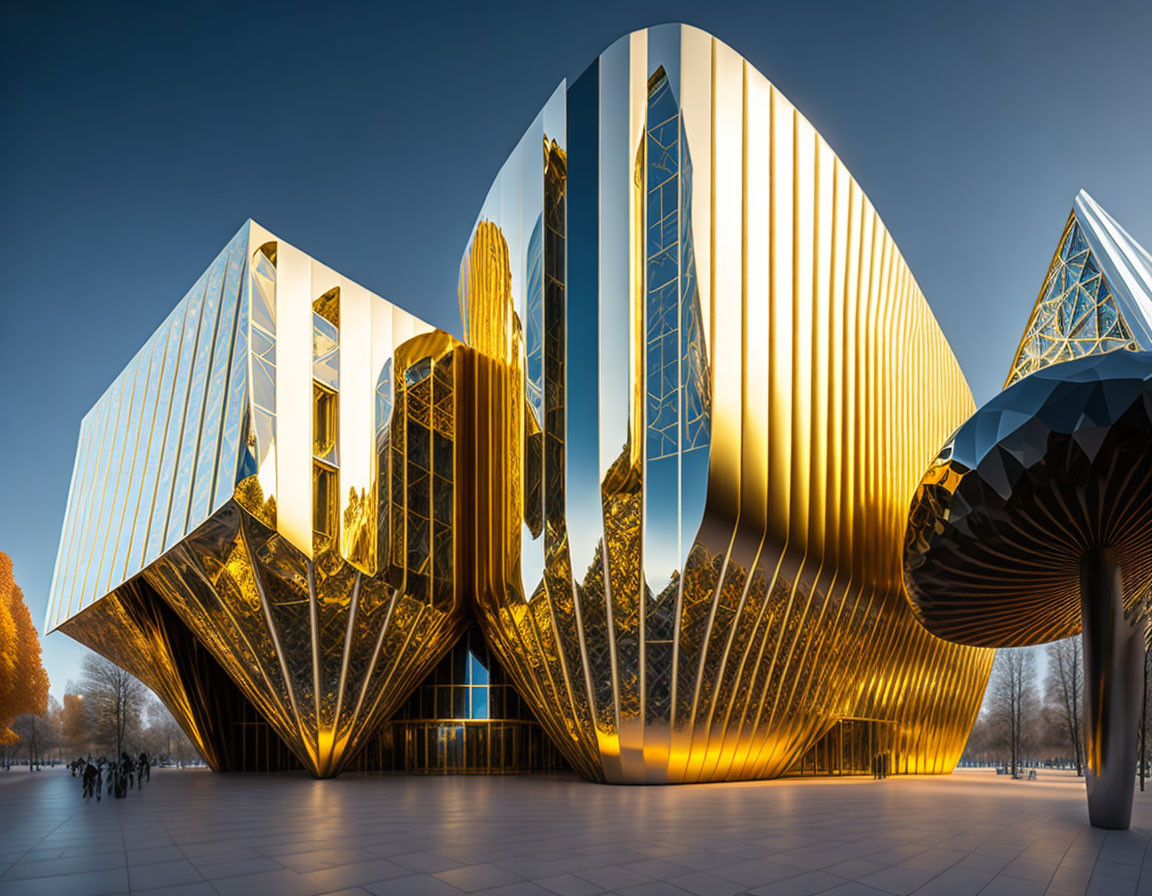 Modern architectural structure with gold and glass facade in clear blue sky.