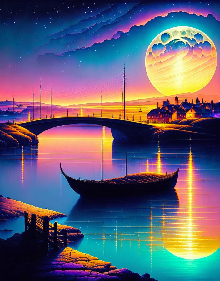 Colorful surreal landscape with glowing moon, river, boat, bridge, and houses under starry sky