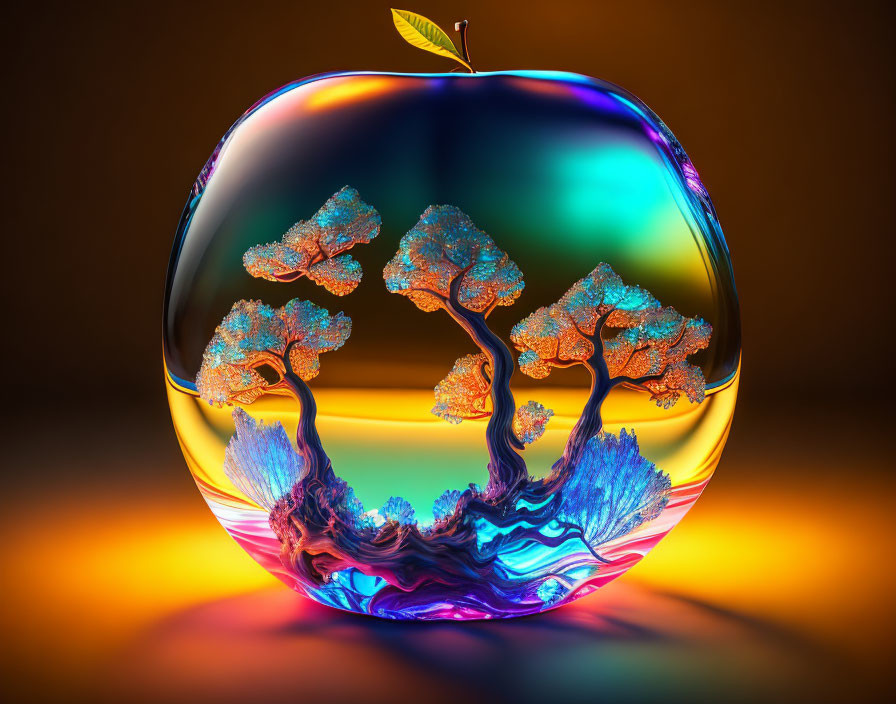 Colorful Bonsai Tree Landscape Encased in Reflective Apple-shaped Object