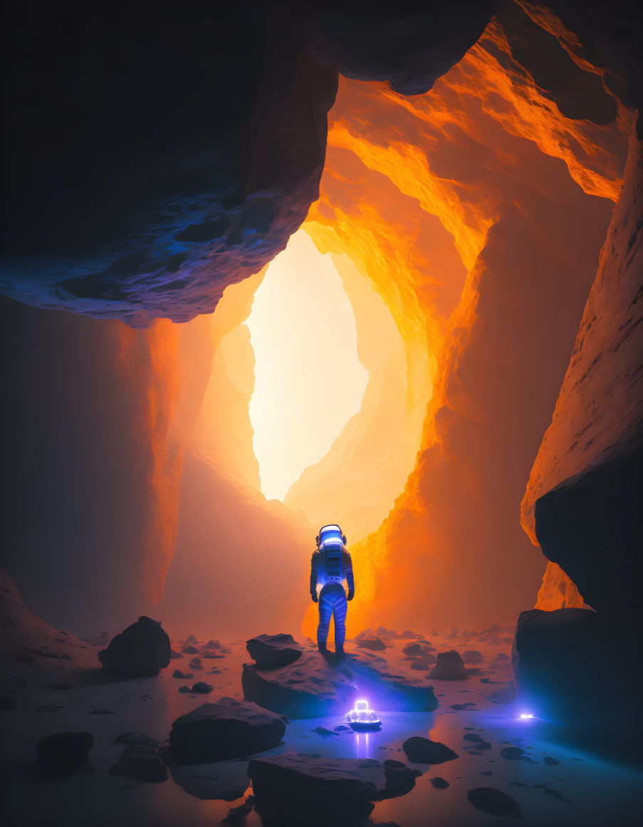 Astronaut explores luminous orange-lit cave with bright exit