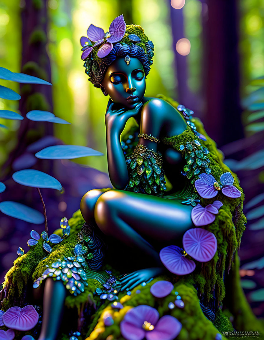 Blue-skinned female figure surrounded by green foliage and purple flowers in enchanted forest.