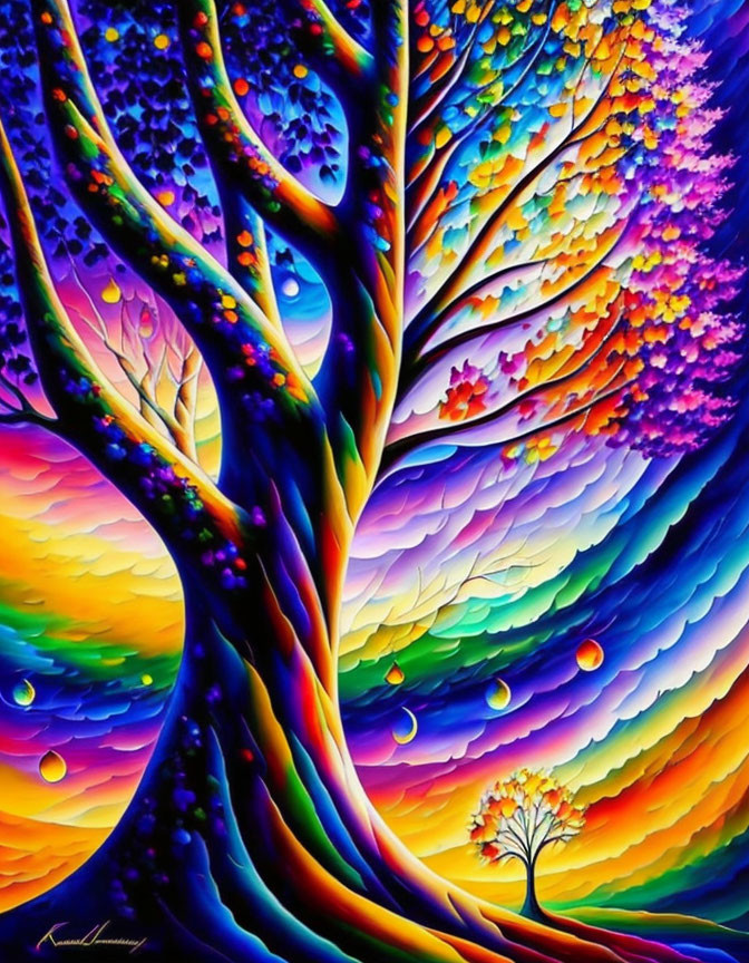 Colorful Stylized Tree Painting with Rainbow Background