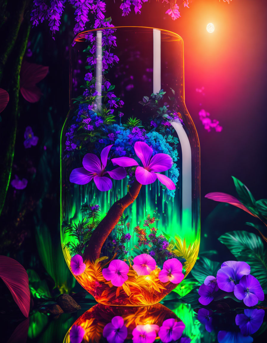 Glowing flowers in vibrant terrarium on dark background