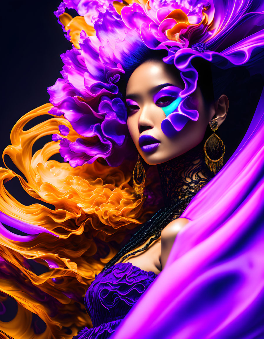 Vivid orange and purple swirls with a woman in striking makeup