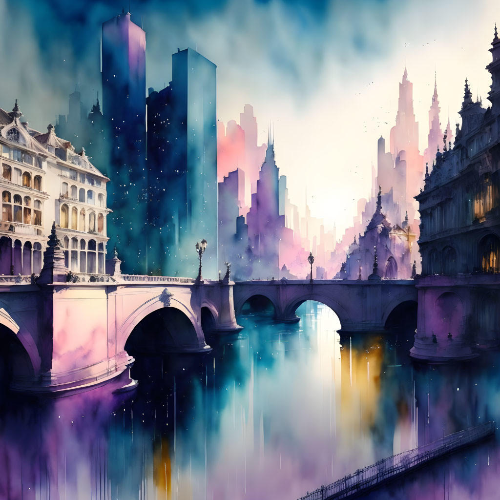 Fantastical cityscape artwork blending classical and modern architecture.