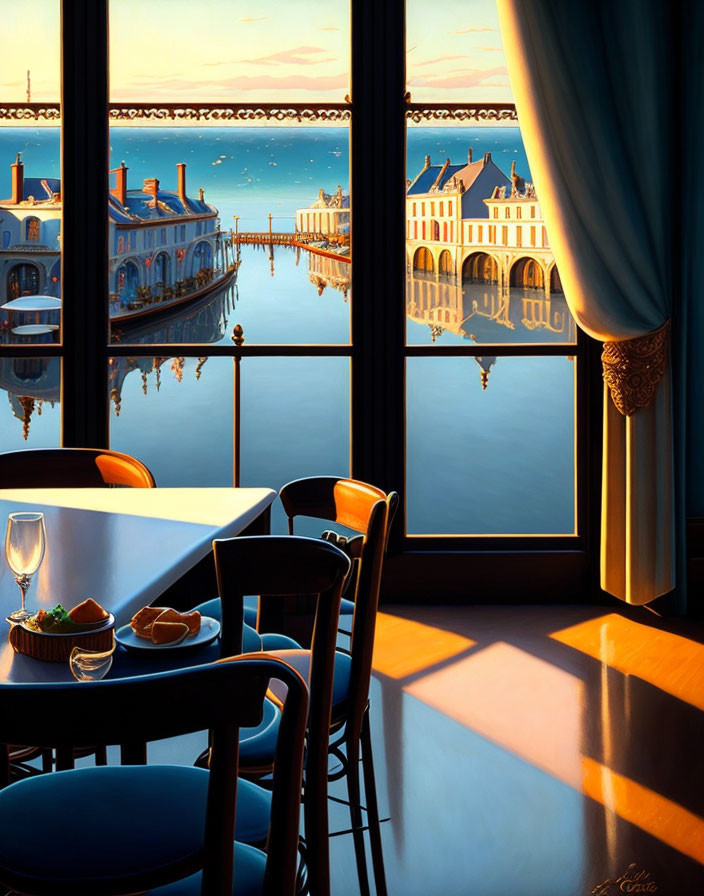 Coastal town view dining room with elegantly set table