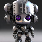 Stylized 3D illustration of cute robotic character with purple eyes and intricate mechanical details