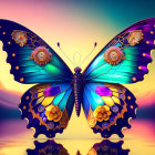 Colorful Butterfly Artwork with Jewel-Like Patterns on Mountainous Background