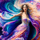 Colorful flowing gown woman in abstract background.