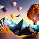 Vibrant hot air balloons over orange trees and paper planes in stylized landscape