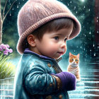 Toddler in warm hat and coat captivated by sparkling water and snowflakes.