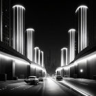 Futuristic cityscape at night with illuminated skyscrapers and glowing lights