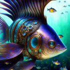 Steampunk fish with cosmic patterns in vibrant underwater setting