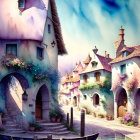 Colorful Village Painting with Cobblestone Paths and Blue Canal