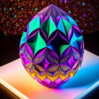 Colorful 3D geometric object in blue and purple on reflective surface, dark background with bokeh