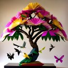 Vibrant tree artwork with paper flowers and origami birds on warm background