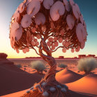 Spiral trunk tree with patterned leaves in desert sunset