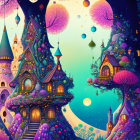 Fantastical landscape with whimsical trees and colorful houses