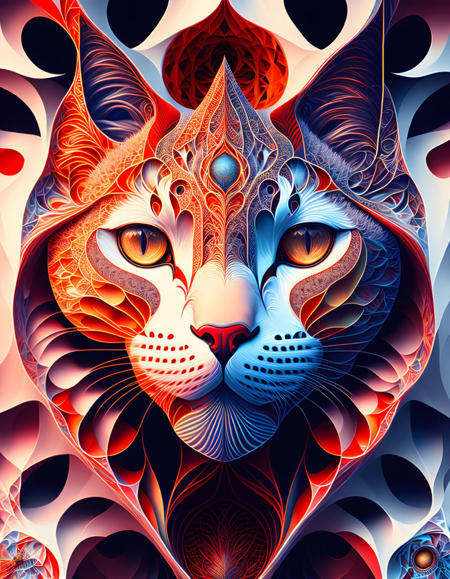 Colorful Abstract Feline Face Artwork with Symmetrical Design