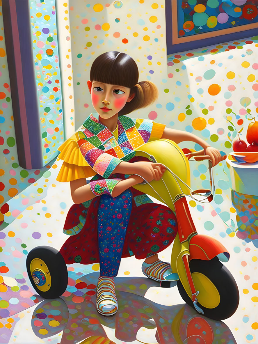 Colorful surreal illustration of a girl on a tricycle
