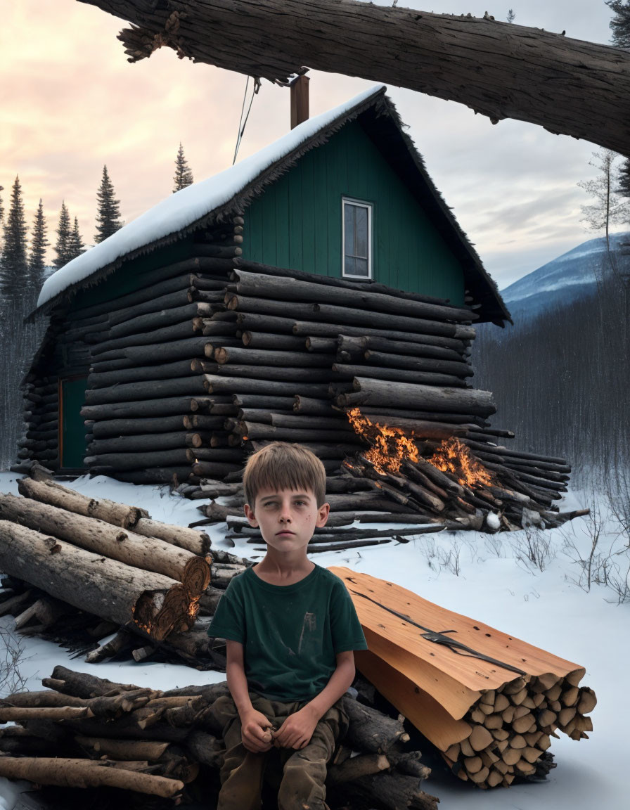 Young boy sitting in front of snow-capped log cabin with fire and wintry forest backdrop