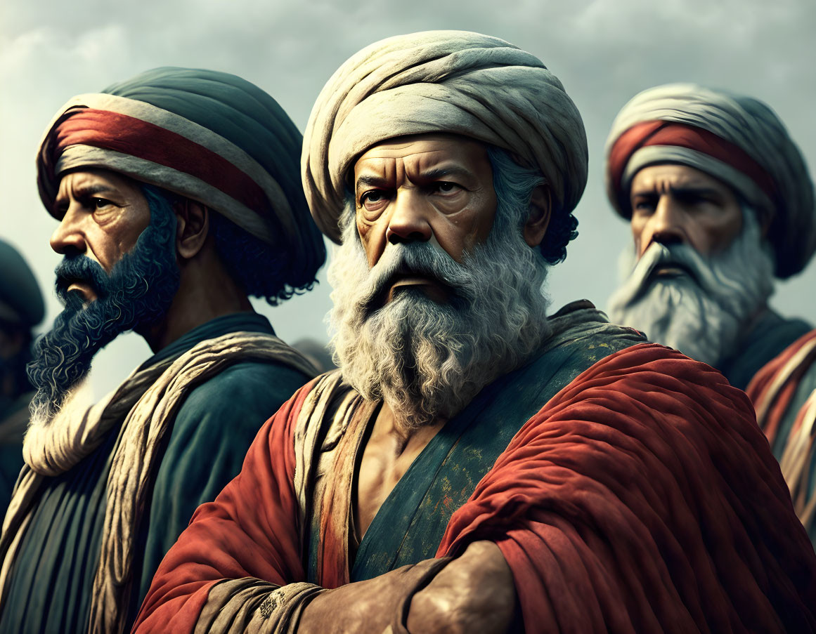 Elderly men in turbans with weathered faces in historical clothing against cloudy sky