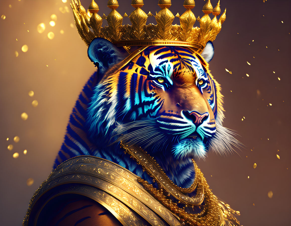 Regal tiger with golden crown and armor on warm backdrop