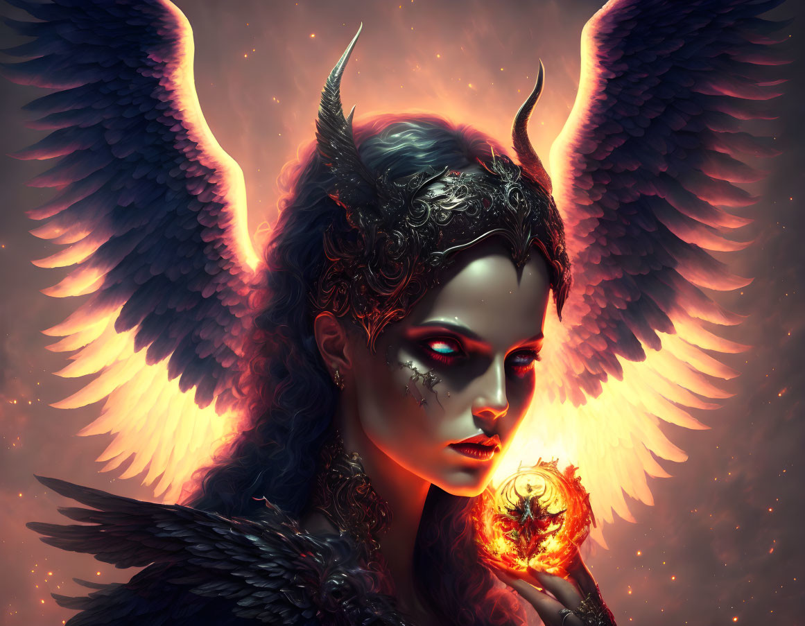 Dark-winged female figure in armor with glowing eyes and horns holding radiant orb against fiery background