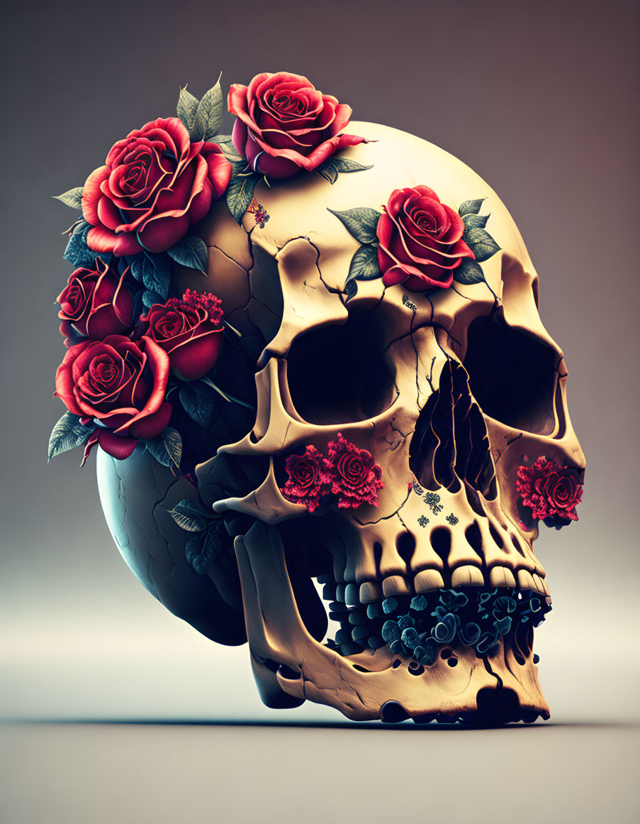 Digital artwork: Human skull with red roses and blue flowers on dark background